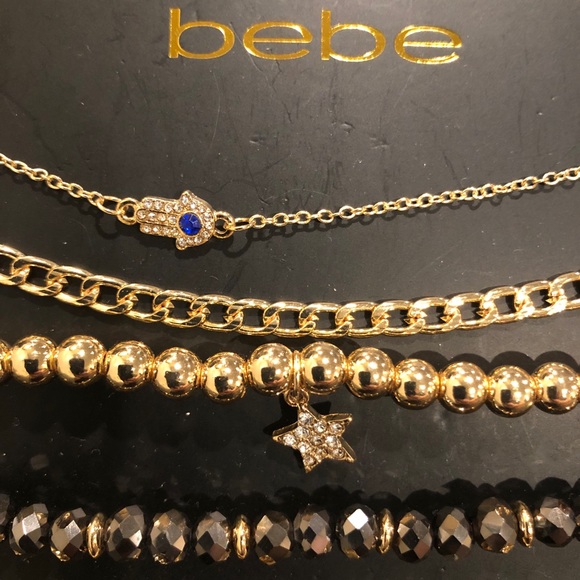 Bebe 5 pc bracelet gold color rope link Hamsa Star and one black brand new NWT - Picture 2 of 6